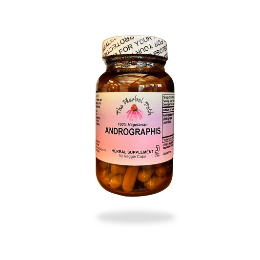 Bottle of Andrographis herbal supplement with a pink label on a white background.