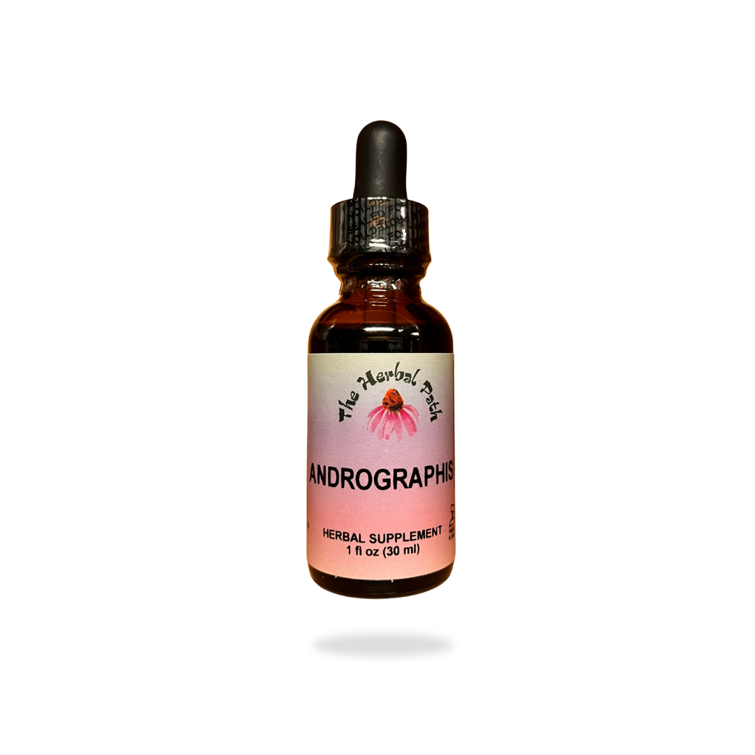 Bottle of Andrographis herbal supplement with a dropper on a white background
