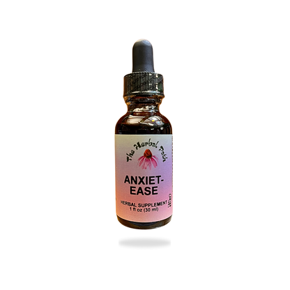 Bottle of 'Anxiet-Ease' herbal supplement with a dropper on a white background.