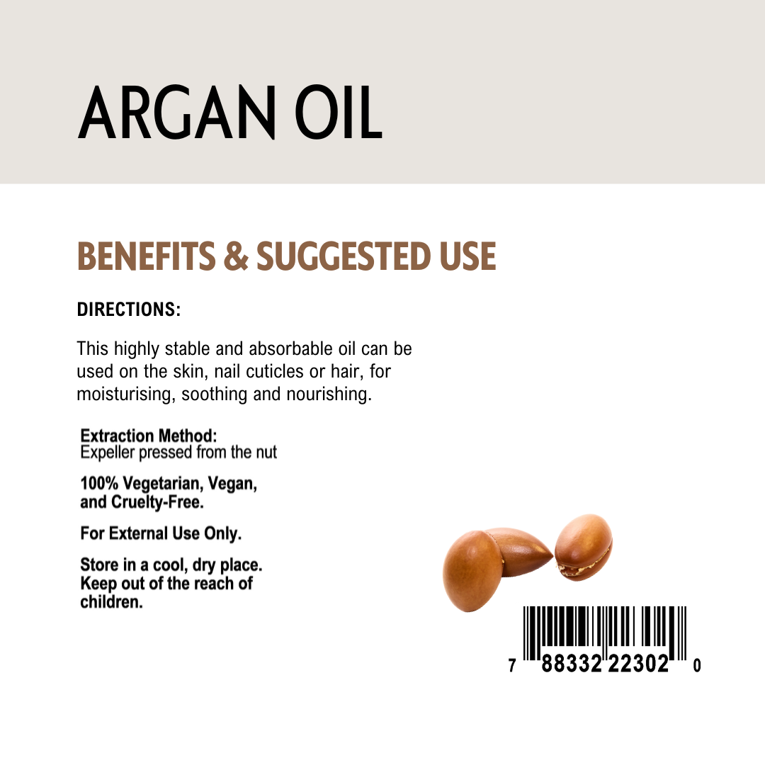 Label for argan oil with benefits, suggested use, barcode and product details.