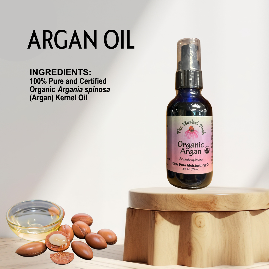 Bottle of Organic Argan oil with ingredients listed on a light background.