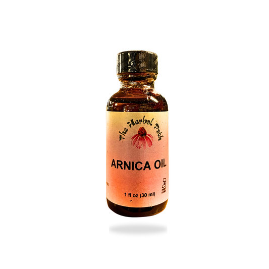 Bottle of Arnica Oil with a label on a white background