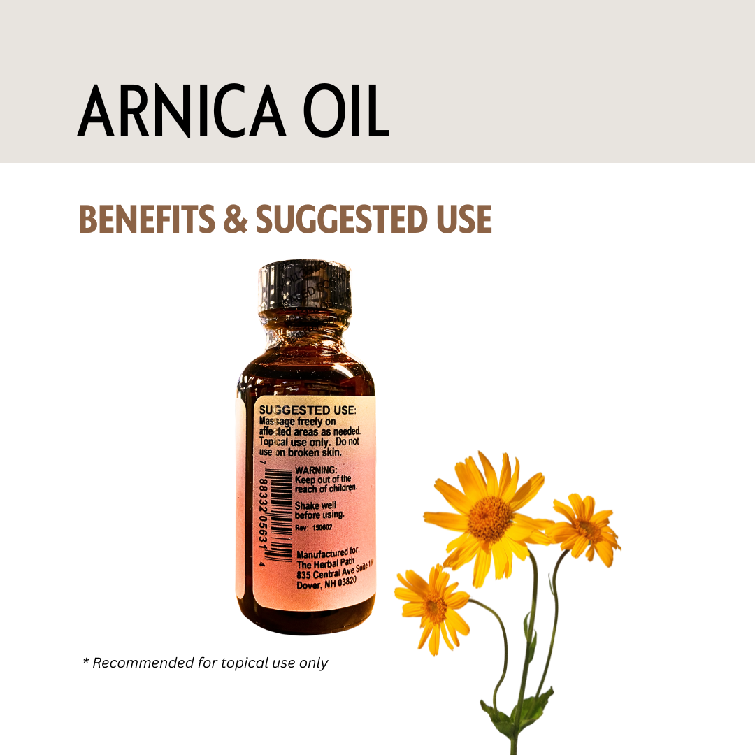 Arnica oil bottle with flowers on a white background