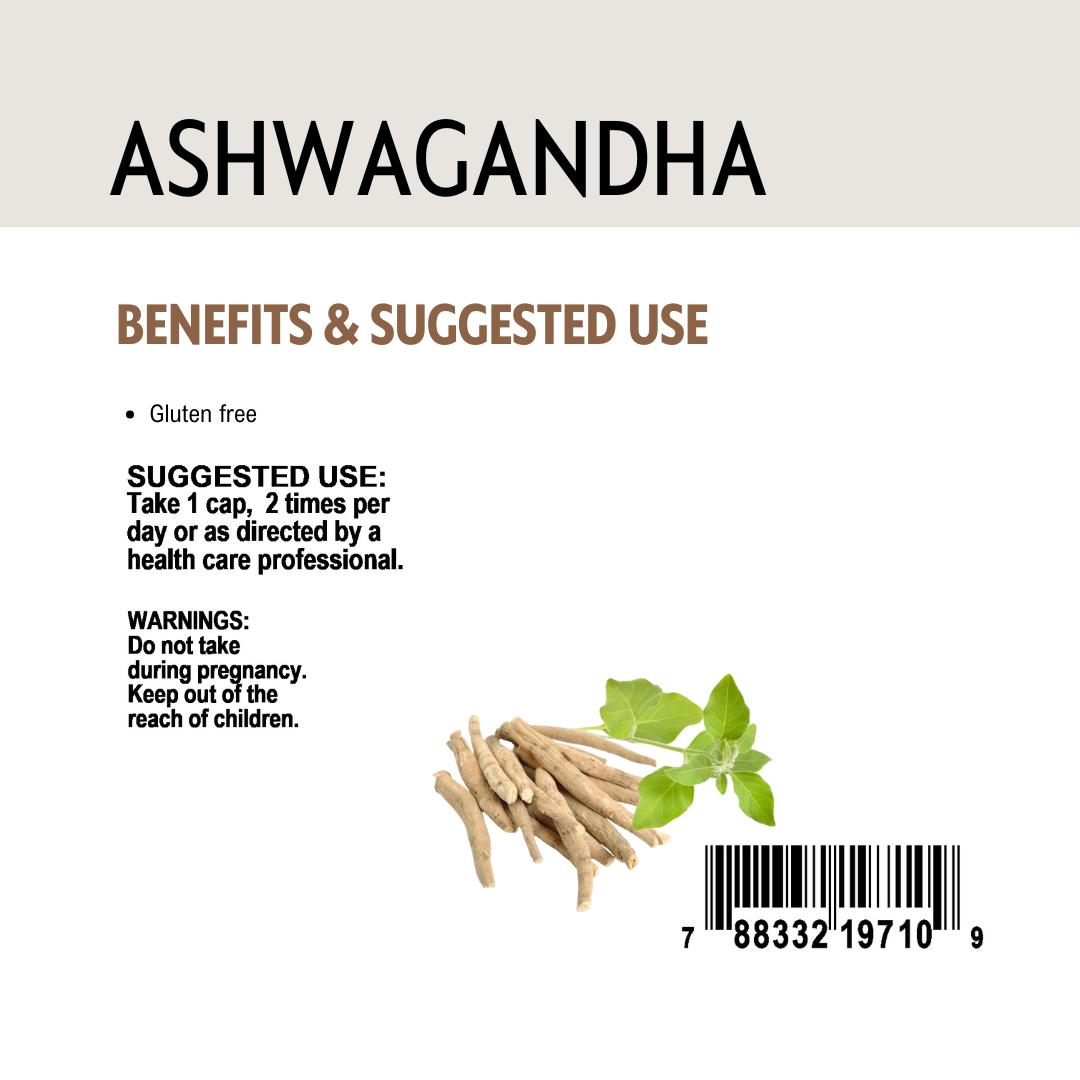 Photo of Ashwagandha root and leaves with text on benefits, suggested use, warnings and barcode.