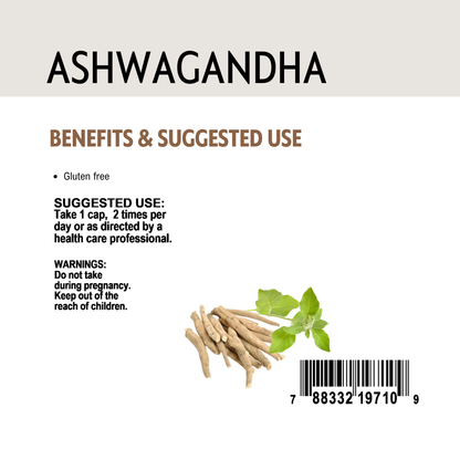 Photo of Ashwagandha root and leaves with text on benefits, suggested use, warnings and barcode.