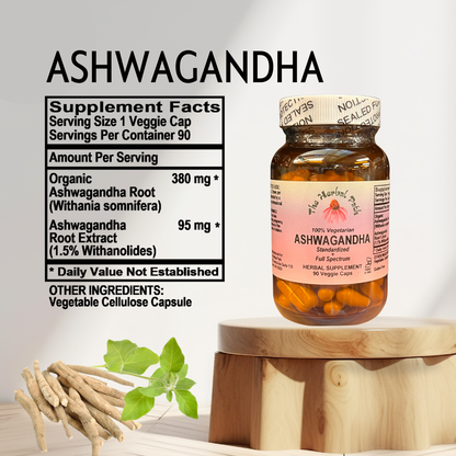 Jar of Ashwagandha supplement with label and ingredients.