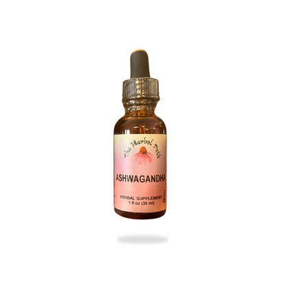 Bottle of Ashwagandha supplement with dropper on a white background