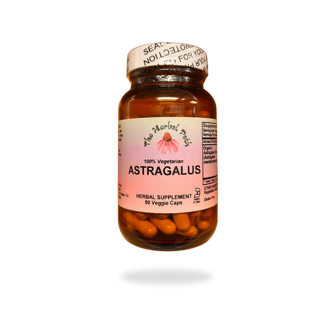 Bottle of Astragalus supplement with a pink The Herbal Path label.