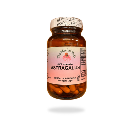 Bottle of Astragalus supplement with a pink The Herbal Path label.