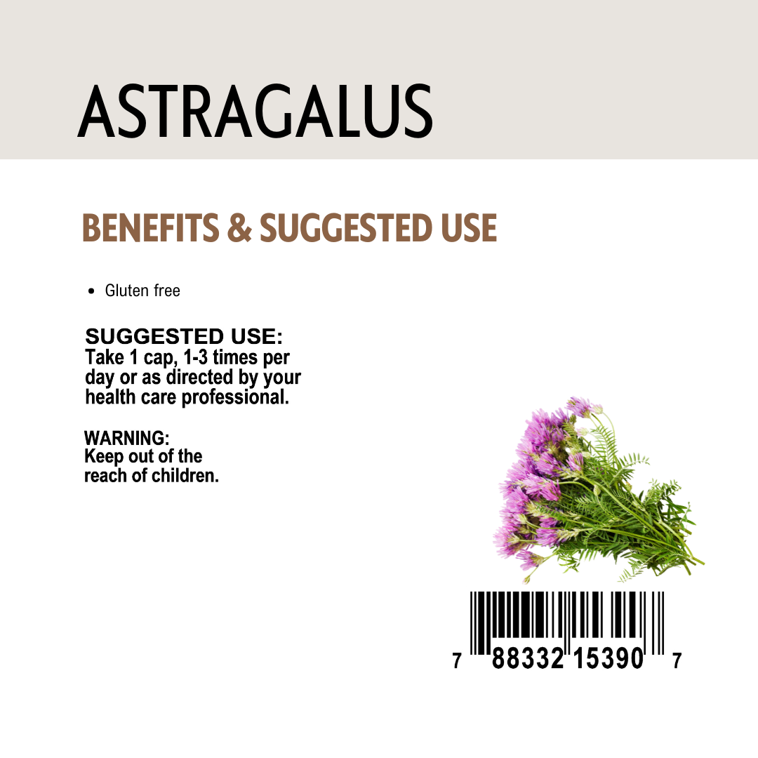 Astragalus supplement label with benefits, suggested use, and a barcode.