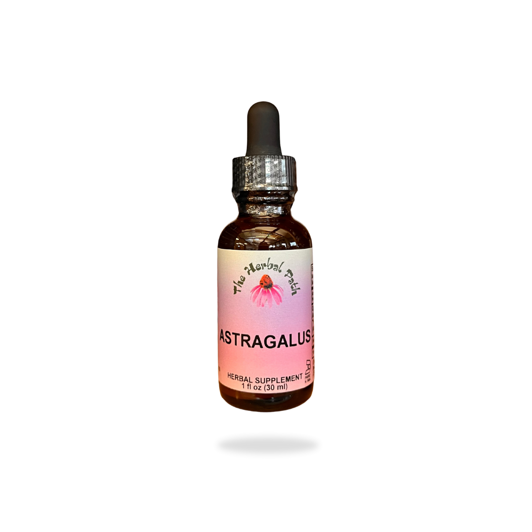 Bottle of Astragalus herbal supplement with dropper on a white background