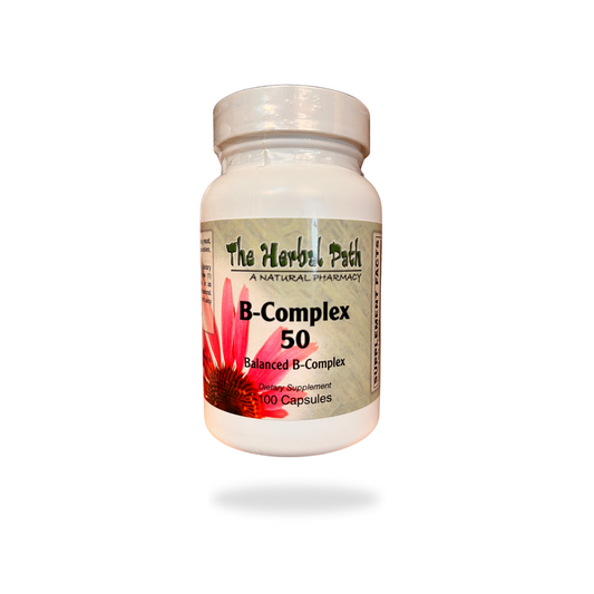 B-Complex supplement bottle with 'The Herbal Path' label.