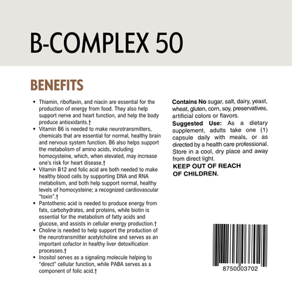 Back of a B-Complex 50 supplement package with text and a barcode.