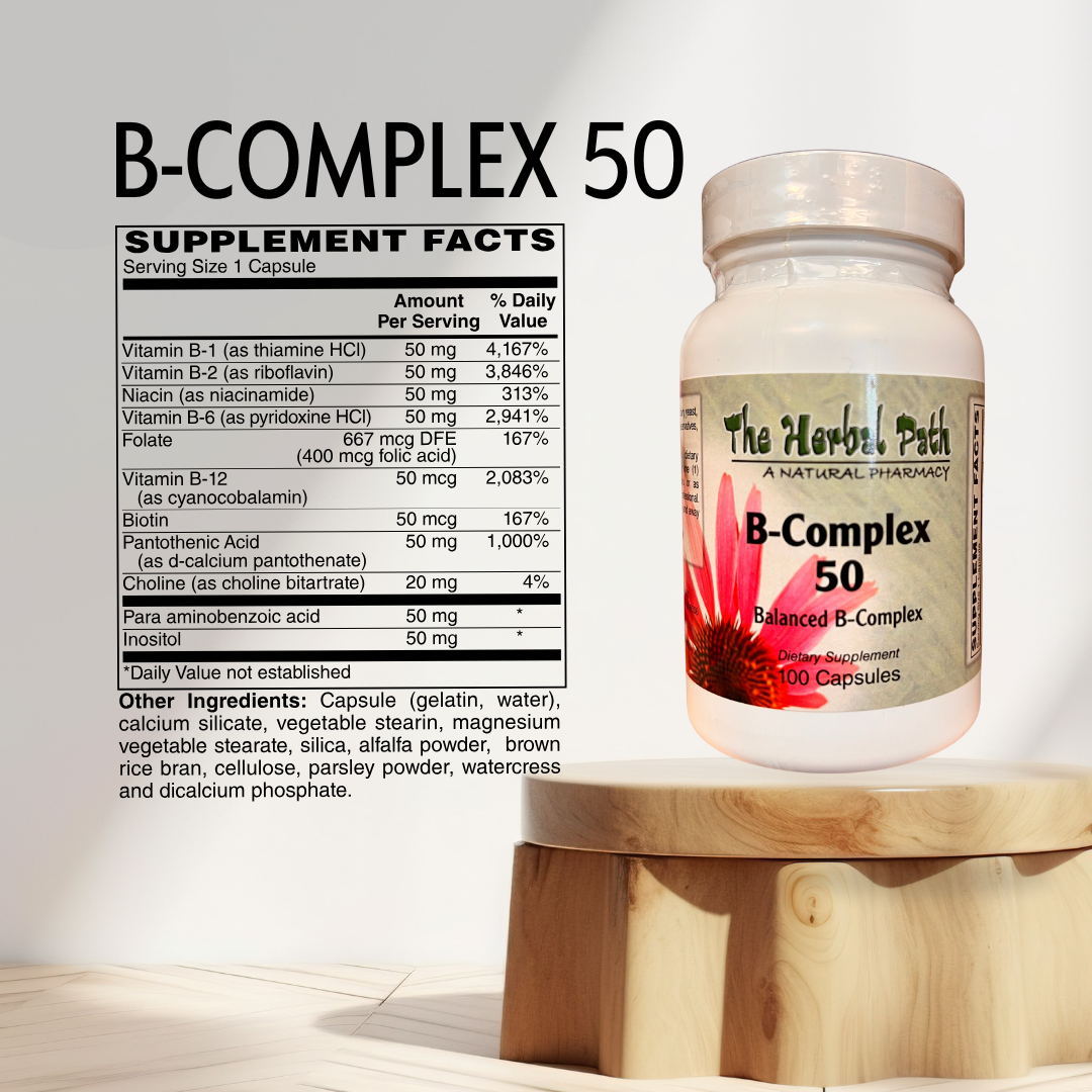 B-Complex 50 supplement bottle with label of supplement facts.