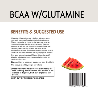 Back label of a supplement package with text and watermelon slices, featuring BCAA W/Glutamine.