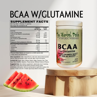 Supplement container labeled 'BCAA with Glutamine' from 'The Herbal Path' on a wooden stand with watermelon slices.