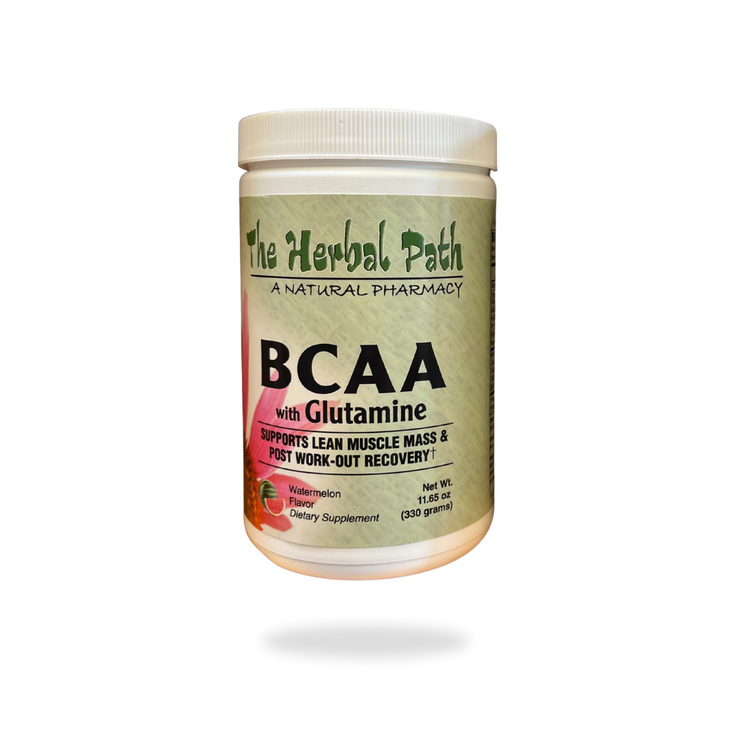 Supplement container labeled 'BCAA with Glutamine' from 'The Herbal Path' on a white background