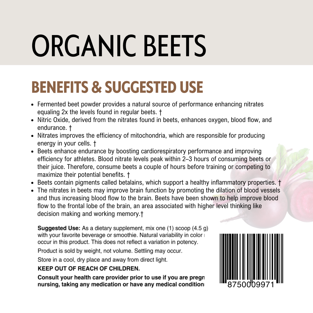 Back of an organic beets supplement packaging with text and a barcode.