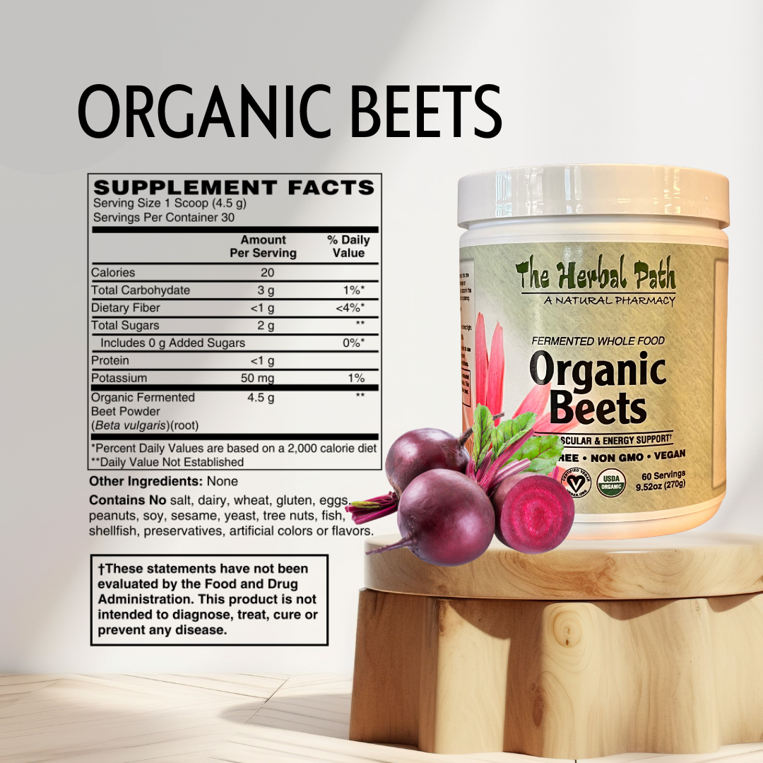 Container of 'Organic Beets' supplement with nutritional facts.