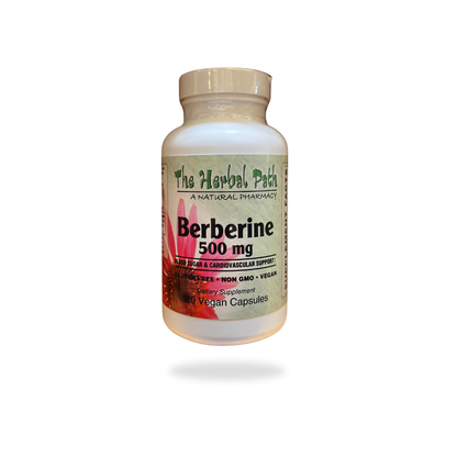 Supplement bottle labeled 'Berberine 500 mg' from 'The Herbal Path' on a white background.