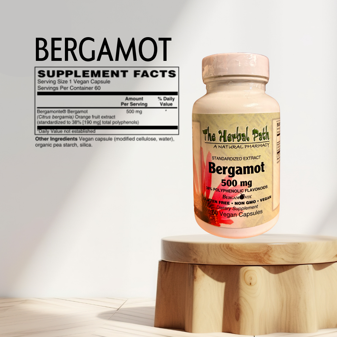 Bottle of Bergamot supplement from The Herbal Path on a wooden stand with supplement facts label.