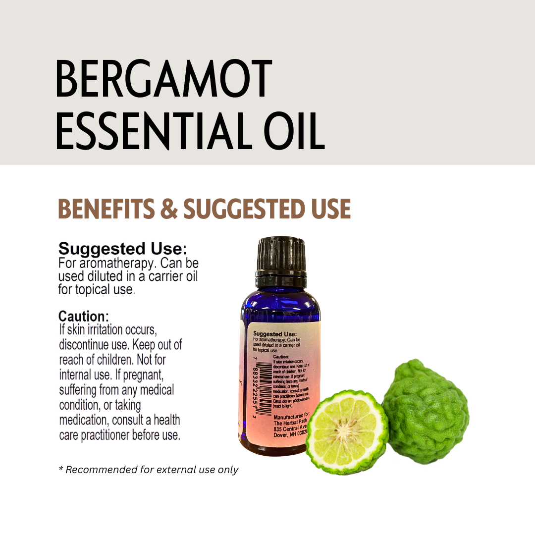 Bergamot essential oil bottle with label, bergamot fruit, and text on a white background