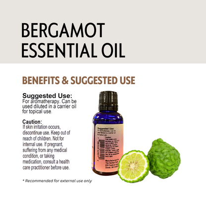 Bergamot essential oil bottle with label, bergamot fruit, and text on a white background