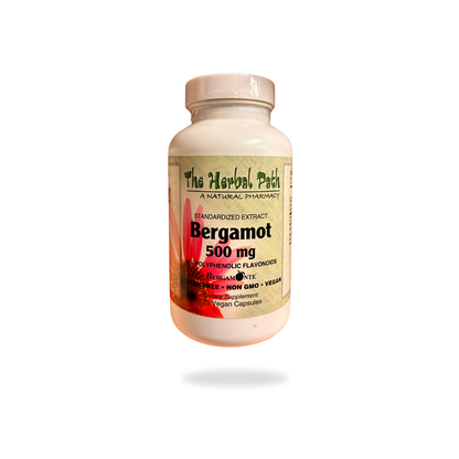 Bottle of Bergamot supplement by The Herbal Patch on a white background