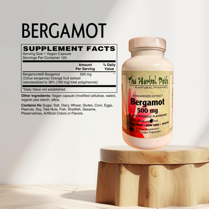 Bergamot supplement bottle with label on a wooden stand against a white background