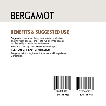 Bergamot supplement label with benefits, suggested use, and product details on a beige background.