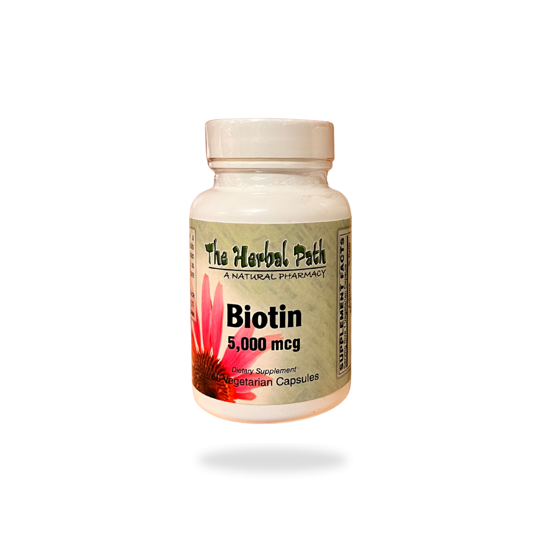 Bottle of Biotin supplement from The Herbal Path.