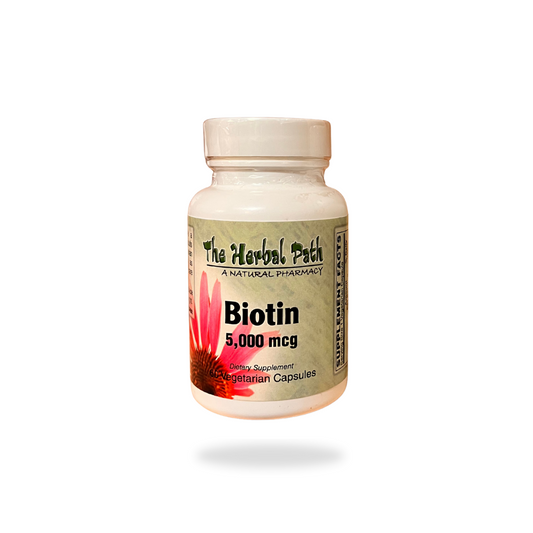 Bottle of Biotin supplement from The Herbal Path.