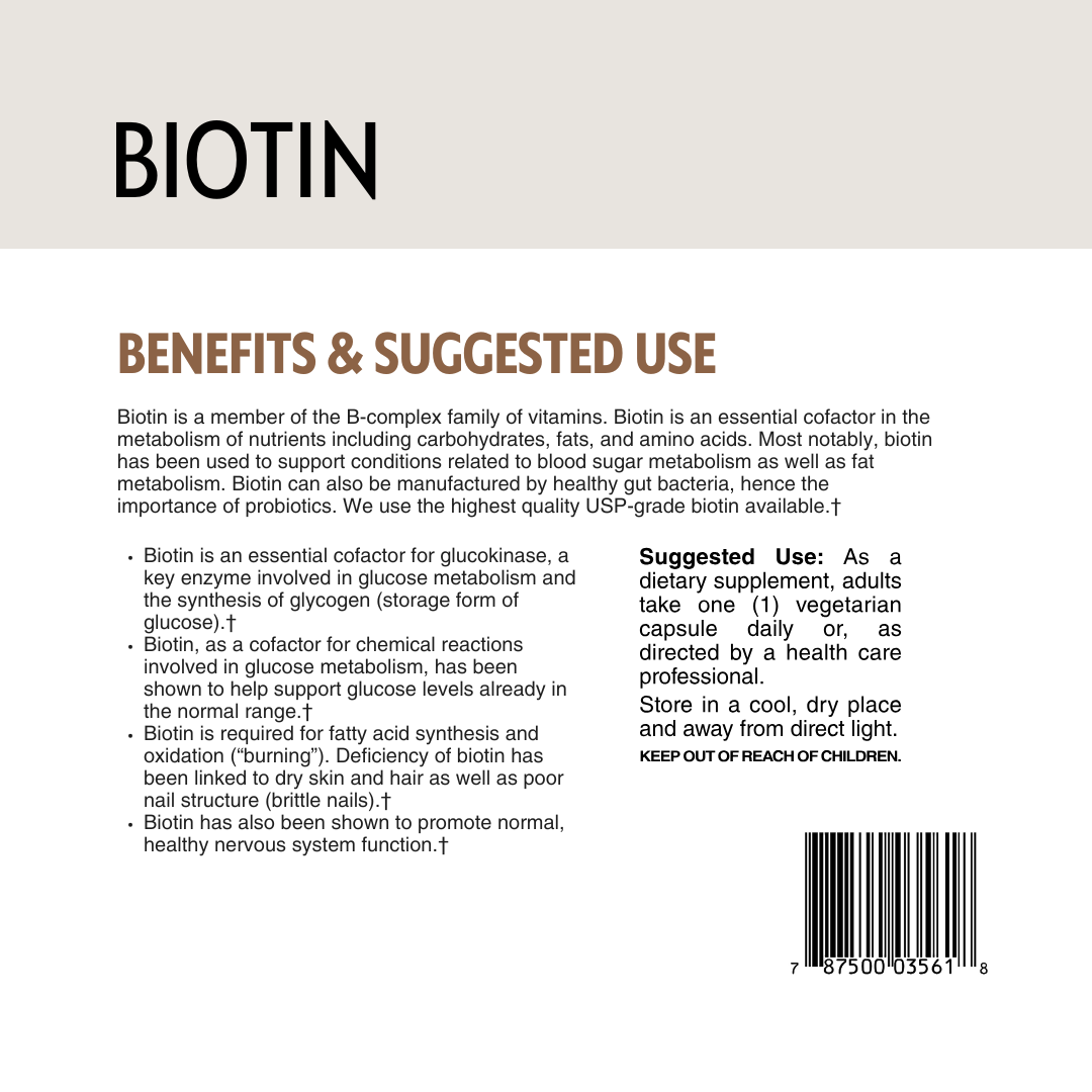 Biotin supplement label with text about benefits, barcode and suggested use.