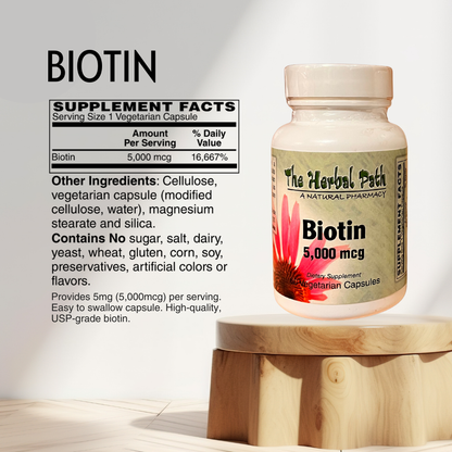 Biotin supplement bottle with label on a wooden stand, featuring supplement facts.