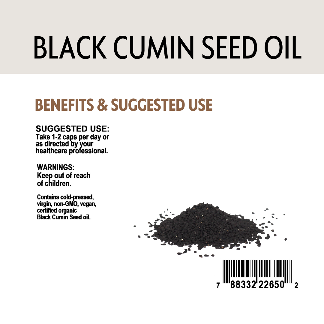Black cumin seed oil packaging with suggested use and barcode.
