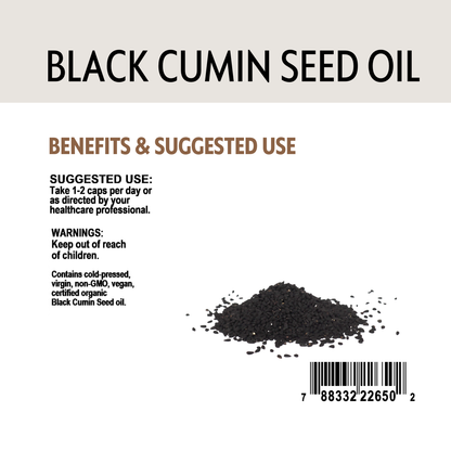 Black cumin seed oil packaging with suggested use and barcode.