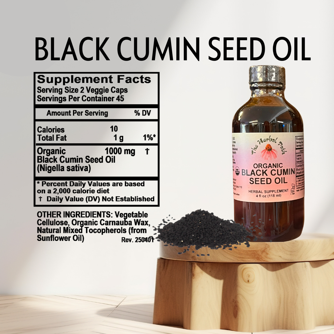Bottle of organic black cumin seed oil with supplement facts label.