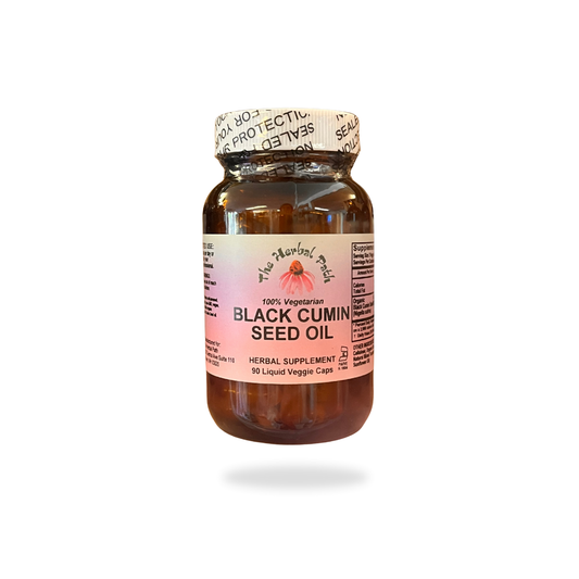 Bottle of Black Cumin Seed Oil capsules with a pink The Herbal Path label on a white background.
