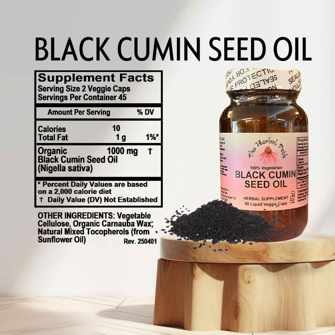 Black cumin seed oil supplement with label and black powder on a wooden block.