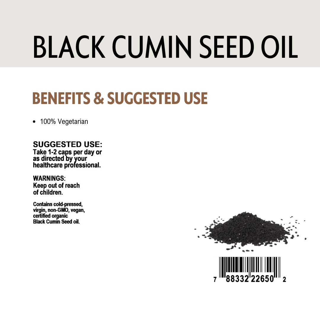 Label for black cumin seed oil with text, barcode and a small amount of oil on a beige background.