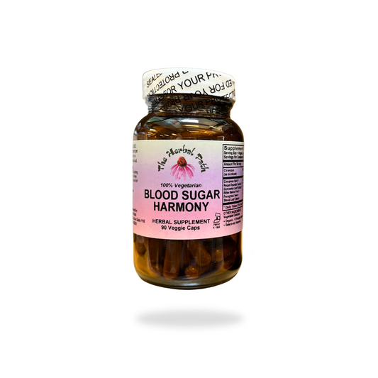 Herbal supplement bottle labeled 'Blood Sugar Harmony' on a white background.