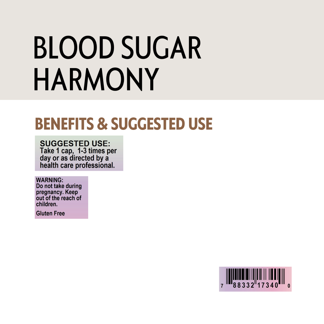 Label for 'Blood Sugar Harmony' with benefits, suggested use, barcode and warning information.