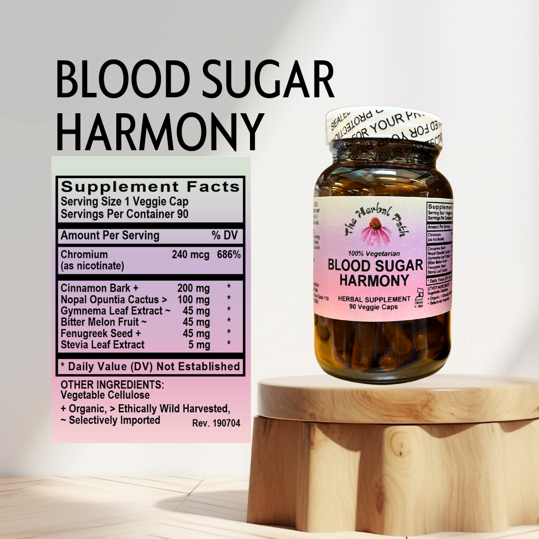 Supplement bottle labeled 'Blood Sugar Harmony' with its label and supplement facts on a light background.