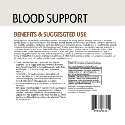 Back of a supplement package with 'Blood Support' text and product details.