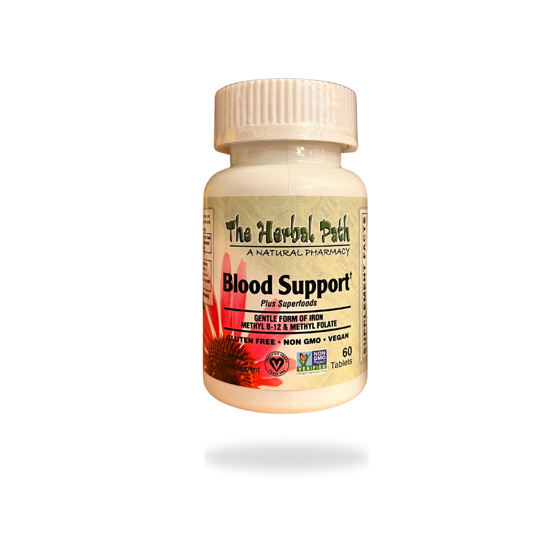 Supplement bottle labeled 'Blood Support' by 'The Herbal Path' 