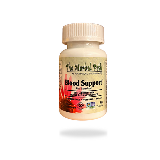 Supplement bottle labeled 'Blood Support' by 'The Herbal Path' 