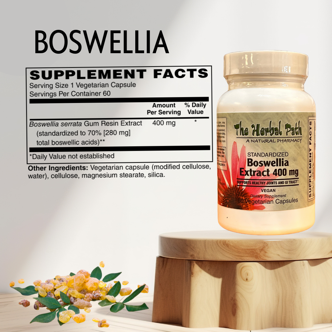 Boswellia supplement bottle with label and herbal elements.