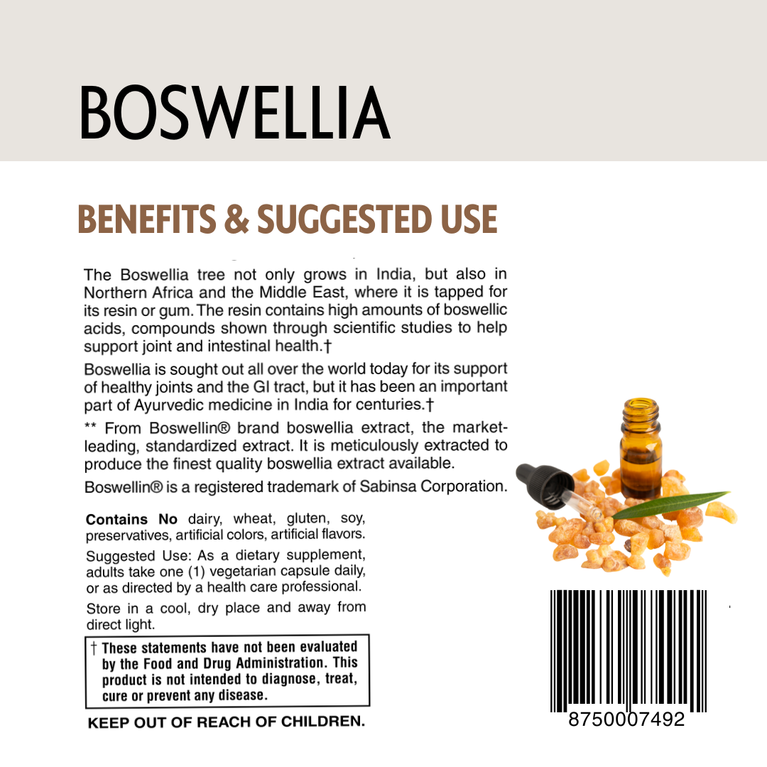 Boswellia product label with text and a small bottle, suggested use and barcode.