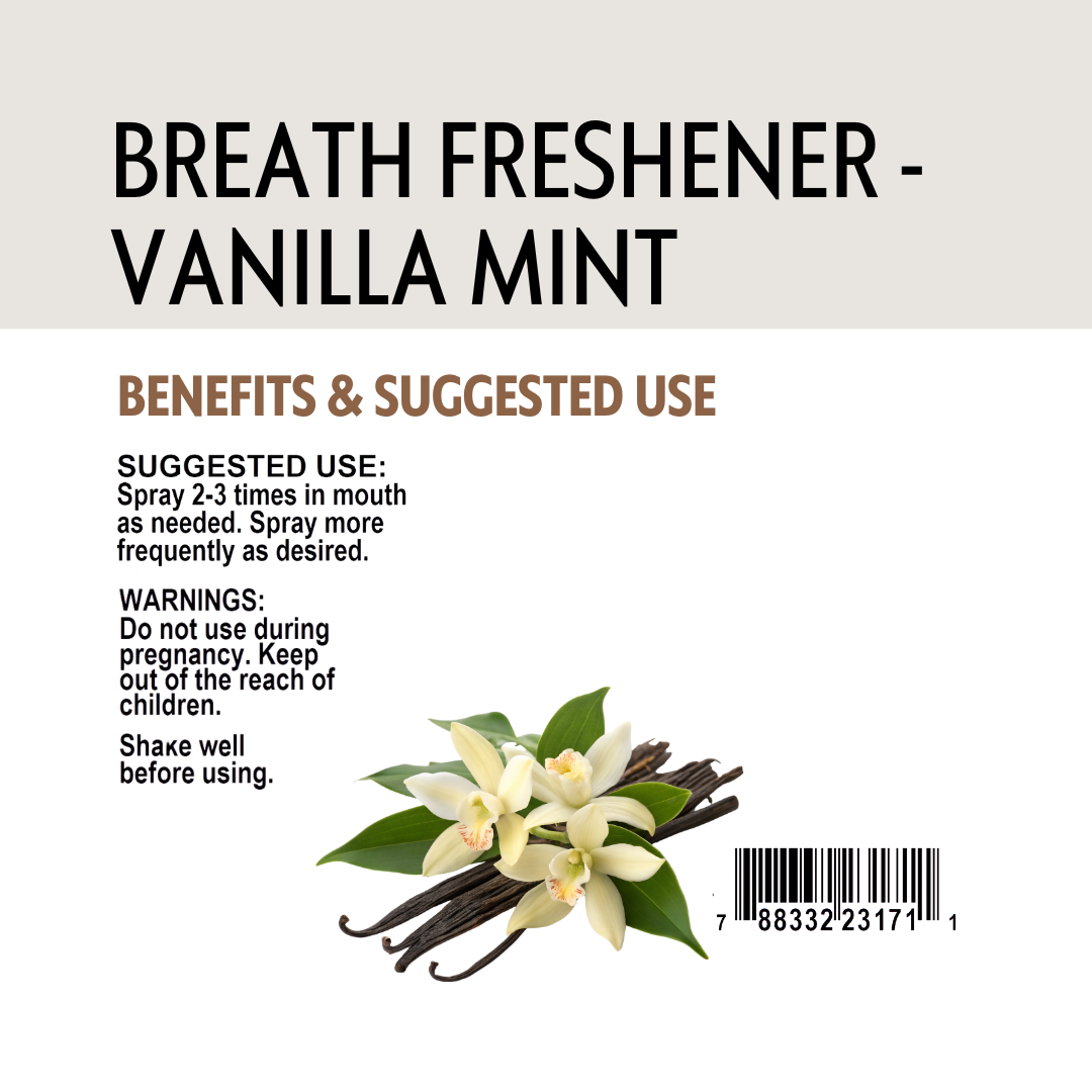 Label for breath freshener with vanilla and mint, featuring text on benefits and usage.