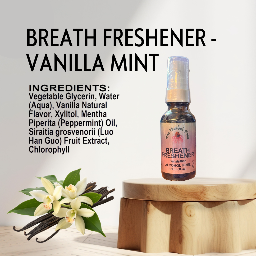 Bottle of vanilla mint breath freshener with ingredients listed on a light background.